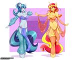  2015 anthro big_breasts breasts cartoon cleavage clothed clothing dancer_outfit duo earth_pony equestria_girls equine female horn horse mammal mleonheart my_little_pony navel pony skimpy smile sonata_dusk_(eg) sunset_shimmer_(eg) unicorn 