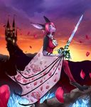 bat castle cliff crystal dagger_leonelli evening eye_patch eyewear female flower fur hair knight looking_at_viewer mammal nyxis petals pink_fur pink_hair plant realistic_wings rose royalty standing star sword uniform vines weapon wings 