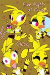  2015 animalcomic96 animatronic anthro avian beak bib bird chica_(fnaf) chicken cupcake english_text eyes_closed feathers female five_nights_at_freddy&#039;s food giggle happy laugh machine mechanical open_beak pink_eyes robot smile text window yellow_feathers 