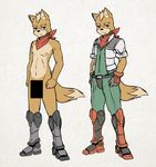  2015 anthro canine censored claws clothed clothing cyborg fox fox_mccloud green_eyes grumpy jacket jumpsuit kemono male mammal mostly_nude nintendo plain_background prosthetic_leg prosthetic_limb raxkiyamato scarf sketch solo standing star_fox text toe_claws video_games young 