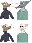  anthro big_nose canine comic constipated_satan dialogue dog duo facial_hair floppy_ears fur green_shirt male mammal mustache plain_background shaving soul_patch sweater text turtleneck white_background words 