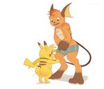  anthro anthrofied assisted_exposure boxer_briefs bulge butt clothing covering covering_self digital_media_(artwork) dreiker duo embarrassed gay looking_down male nintendo pikachu pok&eacute;mon raichu size_difference underwear video_games 