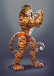  2014 abs anthro briefs brown_hair bulge clothing digital_media_(artwork) feline furrybob grin hair male mammal muscles pecs pose stripes tiger underwear 