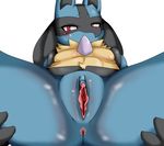  &lt;3 anthro anus blush canine female flat_chested lucario lying mammal nintendo on_back plain_background pok&eacute;mon presenting pussy red_eyes san_ruishin solo spread_legs spreading video_games white_background 