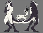  16:9 2015 anthro black_fur black_sclera black_skin chest_tuft claws crotch_tuft fur grey_eyes hindpaw long_tail looking_at_viewer male mammal model_sheet muscles nude pawpads paws plain_background riku_tavash sergal solo standing teeth tuft twistedhound white_fur 