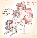  anthro big_breasts blue_tongue blush breasts butt canine clothed clothing couple crosses dullvivid ear_piercing female fluffy_tail foreplay fox freckles half-dressed honey_badger huge_breasts lara_ravencroft male mammal pajamas penis piercing socks titfuck topless 