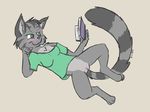  anthro book bottomless breasts brunn-bear brunn_(character) clothed clothing female fur green_eyes grey_fur half-dressed lying mammal on_back pink_nose pussy reading shirt solo spread_legs spreading tuft 