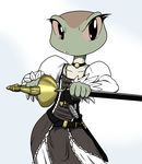 amphibian anthro beatriz_overseer belt chochi collar dress female frog looking_at_viewer musketeer necklace solo sword weapon 