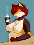  2015 anthro arm_warmers big_breasts breasts brown_eyes brown_fur canine clothed clothing coffee cup exposed female fox fur hair looking_at_viewer mammal neckwarmer orange_fur red_hair shoulderwarmer skimpy smile solo starfighter tuft white_fur 