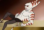  abs alister_azimuth anso/rez bulge clothed clothing erection fur half-dressed lombax lying male mammal masturbation muscles on_back open_mouth pecs penis precum ratchet_and_clank solo stripes topless video_games 