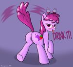  2015 alcohol anus bedroom_eyes berry_punch_(mlp) beverage bluemeganium blush cartoon cutie_mark digital_media_(artwork) dock drunk earth_pony english_text equine female feral friendship_is_magic fur hair horse looking_at_viewer looking_back mammal my_little_pony open_mouth pink_hair plain_background pony puffy_anus purple_eyes pussy raised_tail solo text tongue tongue_out wine 