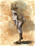  anthro antlers breasts brown_fur cervine female fur grey_fur hattonslayden horn looking_at_viewer mammal nipples pose purple_eyes solo 