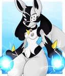  aura aura_sphere breasts brivee84 canine collar eye_patch eyewear female fur grey_nipples looking_at_viewer lucario lucarionite mammal mega_stone nintendo nipples pok&eacute;mon purple_eyes spikes video_games white_fur 