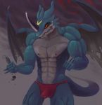  abs anthro bandai bulge clenched_teeth clothed clothing cloudscape destruction digimon exveemon macro male muscles navel nipples outside overcast scalie skimpy sky solo speedo swimsuit teeth train unknown_artist xbuimonsama 