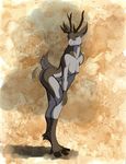  anthro antlers breasts brown_fur cervine female fur grey_fur hattonslayden horn looking_at_viewer mammal nipples nude pose purple_eyes solo 