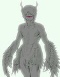  4_arms anthro avian black_and_white cyclops feathers flaccid grey_scale hair harpy horn humanoid_penis kicktyan male monochrome multi_limb multiple_arms multiple_wings nude penis plain_background purple_eye solo wings 
