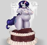  2015 anthro anthrofied areola big_breasts blue_eyes breasts cake cartoon colored cutie_mark dialogue english_text equine female food friendship_is_magic hair half-closed_eyes hand_on_breasts hat horn looking_at_viewer mammal mingamia my_little_pony navel nude overweight party_hat purple_hair rarity_(mlp) sirmasterdufel solo text unicorn weight_gain 