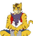  anthro biceps blush cat clothing duo feline hug male mammal morenatsu shin_kuroi shirt shorts sitting sweat tank_top tiger torahiko_ooshima 
