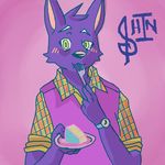  animal_ears anthro black_nose blush button_up_shirt cake cat cat_ears checkered clothing eating feline food fork fur long_sleeves male mammal morenatsu open_collar purple_fur rolled_up_sleeves shin_kuroi shirt solo sweater_vest v_neck_sweater watch yellow_eyes 