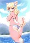  2015 absurd_res anthro bikini blonde_hair blue_eyes blush breasts canine clothing cloud dog female flower flower_in_hair fur fuzzwolfy hair hi_res kemono looking_at_viewer looking_back mammal outside partially_submerged pink_fur plant solo standing swimsuit tongue tongue_out water white_fur 