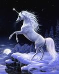  2001 ambiguous_gender breath cloud cool_colors equine feral fur hair horn mammal mane moon mountain night nude outside rearing sharlene_lindskog_osorio shooting_star side_view sky snow solo star starry_sky traditional_media_(artwork) tree unicorn white_fur white_hair winter 