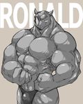  abs anthro biceps big_muscles bulge clothed clothing facial_hair grey_eyes grey_skin half-dressed horn huge_muscles kokuhane looking_at_viewer male mammal masculine muscles pecs pose rhinoceros smile solo speedo standing swimsuit topless 