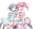  2girls akata_itsuki bang_dream! blue_hair dress frills green_eyes highres hikawa_hina long_hair looking_at_viewer maruyama_aya microphone multiple_girls open_mouth pastel_palettes pink_eyes pink_hair smile thighhighs twintails v white_legwear 