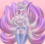  2015 anthro blue_eyes breasts canine clothing cookie eating female fox garter_belt legwear lingerie looking_at_viewer mammal multiple_tails nipples nude pussy shiro_(shirowretched) sif solo stockings wide_hips 