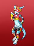  2014 anthro armor balls bandage bandai bastion belt blue_eyes blue_scales bottomless claws digimon digitigrade erection flamedramon hand_on_hip horn humanoid_penis looking_away male mask navel open_mouth penis plain_background red_background scalie smile solo tasting tongue uncut white_belly 