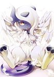  2015 absol ambiguous_gender butt claws cute feather feral fur hair horn looking_at_viewer mammal mega_absol mega_evolution nintendo plain_background pok&eacute;mon red_eyes shadow sitting solo toe_claws video_games white_background white_fur wings のりたまこ_(artist) 