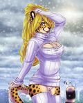  2015 big_breasts bottomless breasts cheetah chest_tuft cleavage clothed clothing digital_media_(artwork) feline female fluff-kevlar fur hair keyhole_turtleneck legwear looking_at_viewer mammal mihari pubes smile snow stockings sweater tuft white_fur 