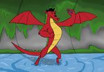  5_fingers american_dragon:_jake_long anthro arms_bent biped black_hair claws digitigrade disney dragon european_mythology featureless_crotch feet_in_water fingers fist flexing hair hi_res jake_long lechatdu57 male membrane_(anatomy) membranous_wings mythological_creature mythological_scalie mythology nude partially_submerged red_body red_skin scalie short_hair solo spread_wings standing standing_in_water tail toony water western_dragon wings 