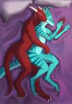  2014 alrenna anthro argonian bed blue_body brunalli claws dragon duo female gills green_eyes horn inside lunalei lying male nude pillow red_body scalie spooning the_elder_scrolls video_games webbed_feet webbed_hands webbing yellow_eyes 