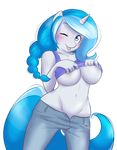  absurd_res alpha_channel anthro big_breasts blue_eyes blue_hair blush breasts cat-named-fish clothing digital_media_(artwork) equine fan_character female freckles fur hair hi_res horn long_hair looking_at_viewer mammal my_little_pony navel one_eye_closed shirt shirt_lift smile solo standing tongue two_tone_hair under_boob unicorn white_fur wink 