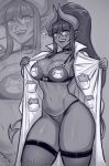  1girl :d animal_print artist_name bow bow_bra bow_panties bra breasts choker cleavage coat collarbone commentary cowboy_shot demon_girl demon_tail english_commentary facial_mark fangs fishnet_thighhighs fishnets flashing frilled_bra frilled_panties frills frog frog_print greyscale groin high_ponytail highres horns iahfy large_breasts long_hair looking_at_viewer mark_under_eye monochrome navel open_clothes open_coat open_mouth original panties pointy_ears ponytail print_bra simple_background smile solo stomach synth_(iahfy) tail thighhighs underwear very_long_hair zoom_layer 