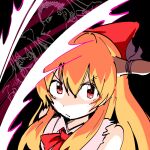  1girl black_background bow bowtie brown_horns closed_mouth commentary_request cookie_(touhou) fire flaming_sword flaming_weapon frown gomennetemple hair_between_eyes hair_bow highres holding holding_sword holding_weapon horn_bow horn_ornament horns ibuki_suika long_hair looking_at_viewer orange_hair purple_bow red_bow red_bowtie red_eyes shaded_face shirt simple_background sleeveless sleeveless_shirt solo sword touhou v-shaped_eyebrows weapon white_shirt yamin_(cookie) 