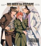  3boys age_comparison belt black_coat black_hair black_shirt chain closed_eyes coat commentary covering_face diamond_wa_kudakenai dual_persona earrings english_text facepalm foxskin068 gakuran green_coat green_pants grey_shirt hand_in_pocket hand_on_own_face hat high_collar highres jewelry jojo_no_kimyou_na_bouken kakyoin_noriaki kujo_jotaro long_coat looking_at_another male_focus multiple_belts multiple_boys open_clothes open_vest pants purple_vest red_hair school_uniform shirt shoulder_belt stardust_crusaders tight_clothes tight_shirt time_paradox turtleneck turtleneck_shirt vest white_coat white_hat white_pants 