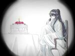  1boy black_border black_eyes black_hair blue_eyes border cake candle chinese_clothes food hair_between_eyes hand_on_own_chin hanfu head_tilt heterochromia high_ponytail highres hong_lu_(project_moon) light_smile limbus_company long_hair looking_at_object male_focus partially_colored pipi_tt plate ponytail project_moon solo spotlight strawberry_cake table tablecloth very_long_hair whipped_cream white_hanfu wide_sleeves 