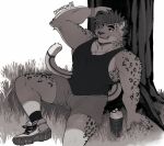 anthro athletic_wear black_clothing black_shirt black_tank_top black_topwear bottomwear clothed clothing dannon-5 digital_media_(artwork) felid gym_bottomwear gym_shorts hair hi_res male mammal mohawk monochrome muscular muscular_anthro muscular_male one_eye_closed pantherine shirt shorts snow_leopard solo tank_top topwear under_tree