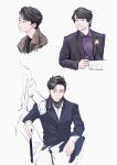  4boys ;) absurdres amazing_night asian bandana bandana_around_neck black_hair black_jacket brown_hair brown_jacket cane character_request chinese_commentary commentary_request highres holding holding_cane jacket linbeiyx long_sleeves looking_at_viewer looking_to_the_side male_focus multiple_boys nose one_eye_closed open_clothes open_jacket purple_shirt real_life realistic shirt short_hair simple_background sitting smile suit_jacket very_short_hair white_background white_shirt 