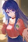  1girl bad_source blue_eyes blue_hair blue_skirt bow bow_choker choker facing_viewer floating_hair frills hair_ornament hairclip hand_on_own_chest head_tilt highres indoors jewelry kind_mita_(miside) long_hair long_sleeves looking_at_viewer miside mita_(miside) official_art open_hand open_mouth outstretched_hand plant pleated_skirt red_choker red_sweater ring shadow skirt smile solo standing sweater 