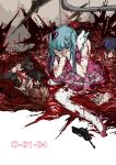  1girl 1other armband black_suit blood blood_in_hair blood_on_face blood_on_ground blood_on_hands bloodshot_eyes blue_hair blunt_bangs collared_shirt dress exposed_muscle face_in_hands gun guro hair_ornament hand_on_own_chest heart heart_hair_ornament implied_mutilation lace-trimmed_dress lace_trim legs_apart lobotomy_corporation lying mutilation necktie nugget_(project_moon) numbered on_back on_ground organs outstretched_leg pink_armband pink_dress pink_shoes project_moon queen_of_hatred red_necktie rolling_eyes sekibone severed_hand severed_head shirt shoes sidelocks suit weapon white_background white_shirt wide-eyed winged_sleeves yellow_eyes 