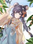  1girl :o animal animal_ears arknights arm_up belt bird black_eyes black_hair blouse blue_skirt blush braid chinese_commentary commentary hair_ornament hairclip highres leaf long_hair long_sleeves looking_up lutonada_(arknights) lutonada_(sending_thoughts)_(arknights) mouse_ears mouse_girl official_alternate_costume orange_belt parted_lips shirt skirt solo strap yellow_shirt zerosama_(sailuojiang) 