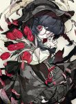  1girl black_dress black_hair black_hat blue_hair braid dress flower glasses hat highres holding holding_flower looking_at_viewer medium_hair open_mouth original red_eyes red_flower smile solo soresaki twin_braids upper_body white_sleeves 