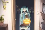  1girl absurdres ahoge aqua_eyes aqua_hair aqua_necktie balcony basket black_ribbon black_skirt black_sleeves black_thighhighs blurry bokeh cat clenched_hand collared_shirt commentary depth_of_field detached_sleeves doorway double-parted_bangs grey_shirt hair_ribbon halloween_bucket hatsune_miku highres holding holding_basket homu_(honkai_impact) honkai_(series) hook indoors laluna light_particles light_smile light_switch long_hair miniskirt necktie night open_door plant pleated_skirt potted_plant ribbon shadow shelf shirt sideways_glance skirt sleeveless sleeveless_shirt solo straight-on straight_hair stuffed_toy thighhighs twintails vocaloid wooden_door zettai_ryouiki 