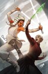  2girls ahsoka_tano alien armpits blue_eyes colored_skin comic_cover david_nakayama dual_wielding elbow_gloves energy_sword fingerless_gloves gloves highres holding holding_sword holding_weapon initial katana lightsaber morgan_elsbeth multiple_girls official_art open_mouth orange_skin pants shirt shoes sleeveless sleeveless_shirt star_wars sword teeth textless_version togruta weapon white_gloves white_hair white_lightsaber white_pants white_shirt white_shoes 