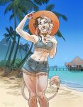 2025 5_fingers anthro athletic athletic_anthro athletic_female beach bell bell_collar bottomwear breasts building claws cleavage clothed clothing collar digital_media_(artwork) felid female finger_claws fingers flock_of_birds front_view fur hair hand_on_chest hat headgear headwear hi_res highlights_(coloring) holding_clothing holding_hat holding_headgear holding_headwear holding_object lace lion looking_at_viewer mammal markings mountain nature nature_background outside palm_tree pantherine pawpads pier plant portrait sand sea shorts skitalets sky solo sun_hat tail tail_markings tail_tuft three-quarter_portrait topwear tree tuft water watermark wearing_hat whisker_spots white_body white_fur yellow_eyes