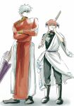  1boy 1girl black_boots black_pants black_shirt bokken boots bun_cover china_dress chinese_clothes closed_umbrella cosplay costume_switch crossed_arms double_bun dress gintama grey_hair hadanugi_dousa hair_bun high_collar highres holding holding_sword holding_umbrella holding_weapon japanese_clothes kagura_(gintama) kagura_(gintama)_(cosplay) kimono long_sleeves looking_at_viewer messy_hair pants purple_umbrella red_dress sakata_gintoki sakata_gintoki_(cosplay) shirt short_hair short_sleeves siik9u sword umbrella weapon white_kimono white_pants wooden_sword 