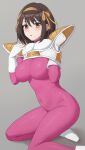  1girl absurdres amayo_thranana blush bodysuit brown_eyes brown_hair commentary_request cosplay dragon_ball dragon_ball_z gloves grey_background hair_ribbon hairband hands_up highres impossible_bodysuit impossible_clothes kneeling looking_at_viewer parted_lips ribbon saiyan_armor shoes simple_background skin_tight solo suzumiya_haruhi suzumiya_haruhi_no_yuuutsu white_gloves white_shoes yellow_hairband yellow_ribbon 