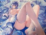  1girl absurdres asymmetrical_legwear blue_eyes blue_flower blue_hair blush breasts cantarella_(wuthering_waves) censored chinese_commentary commentary_request dress earrings facial_mark feet fish floating_hair flower full_body garter_straps hair_between_eyes hair_flower hair_ornament hair_spread_out headdress highres huge_breasts jellyfish jewelry kneehighs legwear_cutout long_hair looking_at_viewer mark_under_eye meisansan mosaic_censoring nail_polish nipples no_shoes paid_reward_available panties parted_lips purple_hair purple_nails pussy shrug_(clothing) single_kneehigh single_sock single_thighhigh skindentation smile socks soles solo submerged thighhighs thighs toes underwater underwear uneven_legwear very_long_hair water white_dress white_garter_straps white_panties white_shrug white_socks white_thighhighs wuthering_waves 